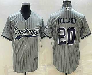 Mens Dallas Cowboys #20 Tony Pollard Grey Pinstripe With Patch Cool Base Stitched Baseball Jersey->dallas cowboys->NFL Jersey